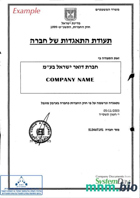 Israel vcertyfikat of inkorporacja Word i szablon PDF